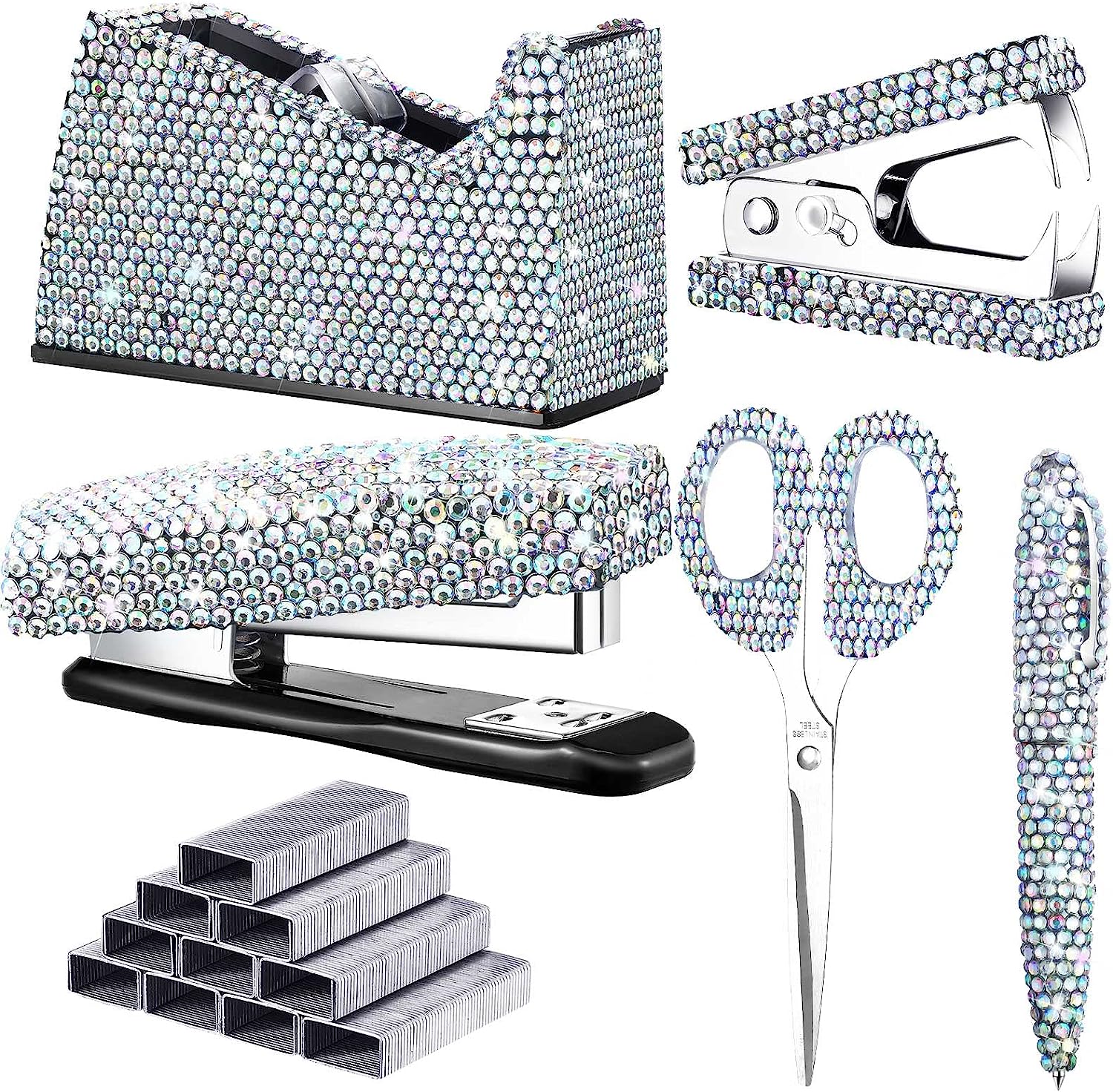 6 Pack Bling Office Stationery Set Desk Accessory Office Set Includes Pen Scissor Stapler Staple Remover 1000 Pcs Staples Tape Dispenser with Diamond Inlay for Office Home Desk Supplies (Silver) - Image 1